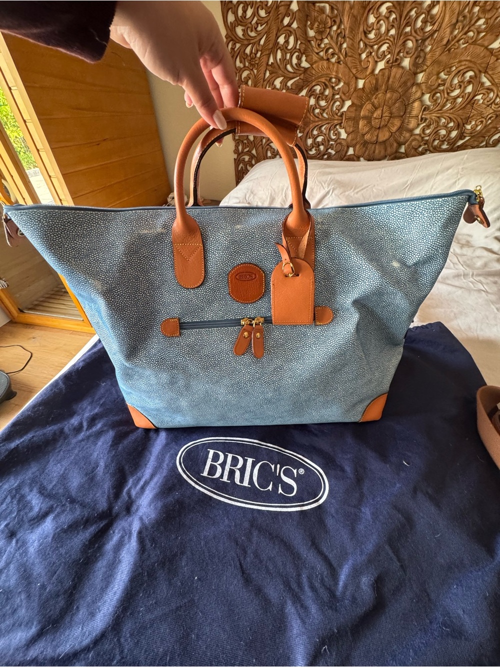 Bric's Light Blue Tote with Tan Leather Trim and Gold Hardware